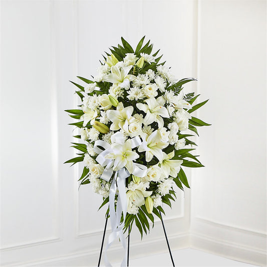 Exquisite Tribute Standing Spray-White Ribbon – DE VARS-PHILLIPS FLORISTS & ANTIQUES, Hartford CT